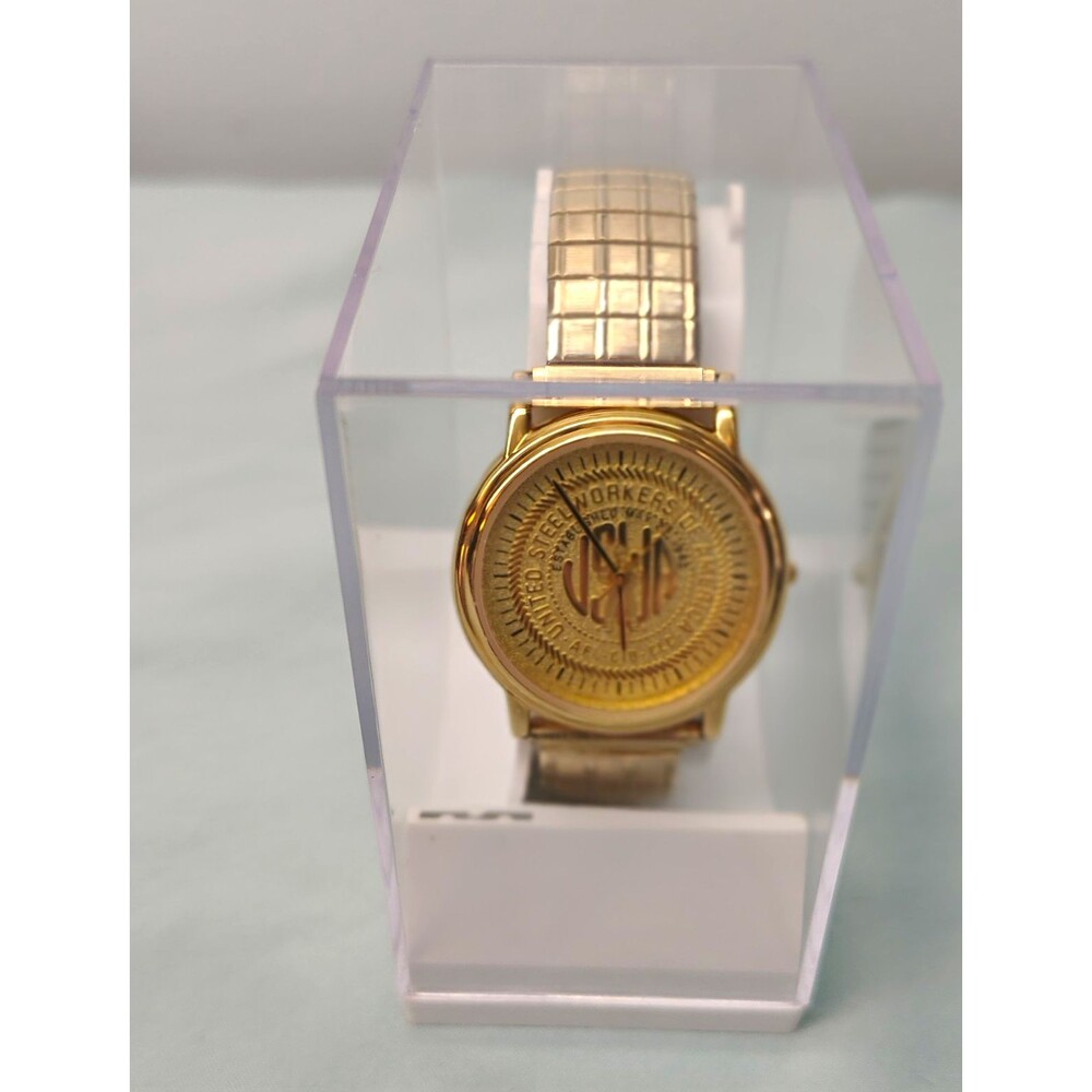 United Steelworkers Gold Tone Quartz Analog Logo Dial Watch w/Box Bracelet